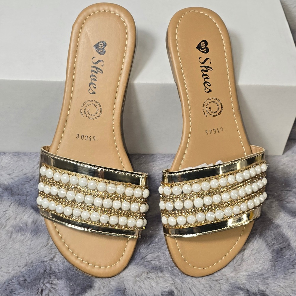 My Shoes Slide Sandals Gold Faux Pearl Rhinestone‎ Embellished 30340 roughly 6.5